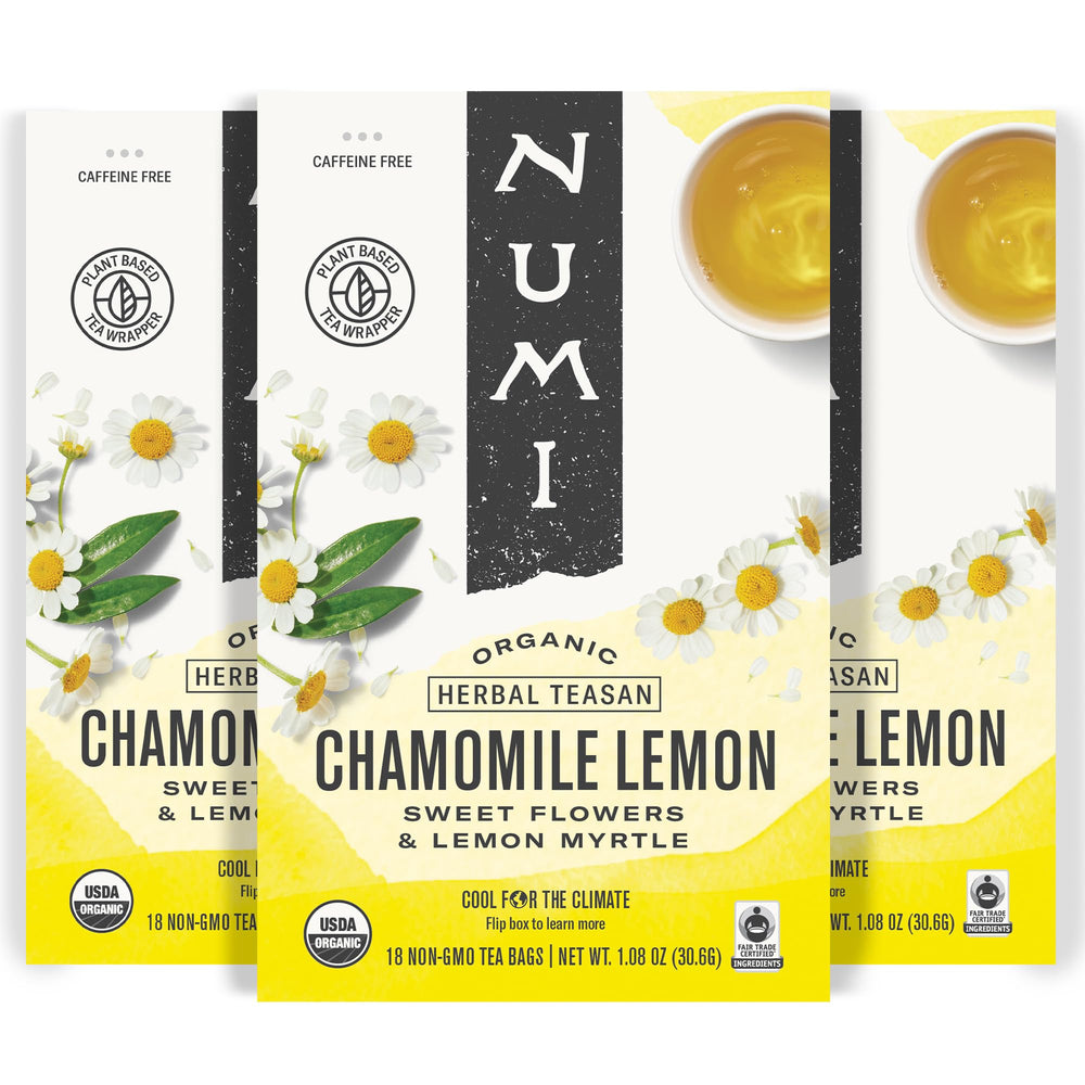 Numi Organic Chamomile Lemon Tea box showcasing sustainable packaging and calm appeal