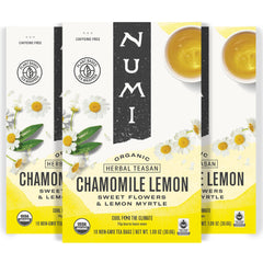Numi Organic Chamomile Lemon Tea box showcasing sustainable packaging and calm appeal