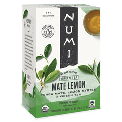 Numi Organic Maté Lemon Tea bag ready for infusion, citrus-forward energy boost