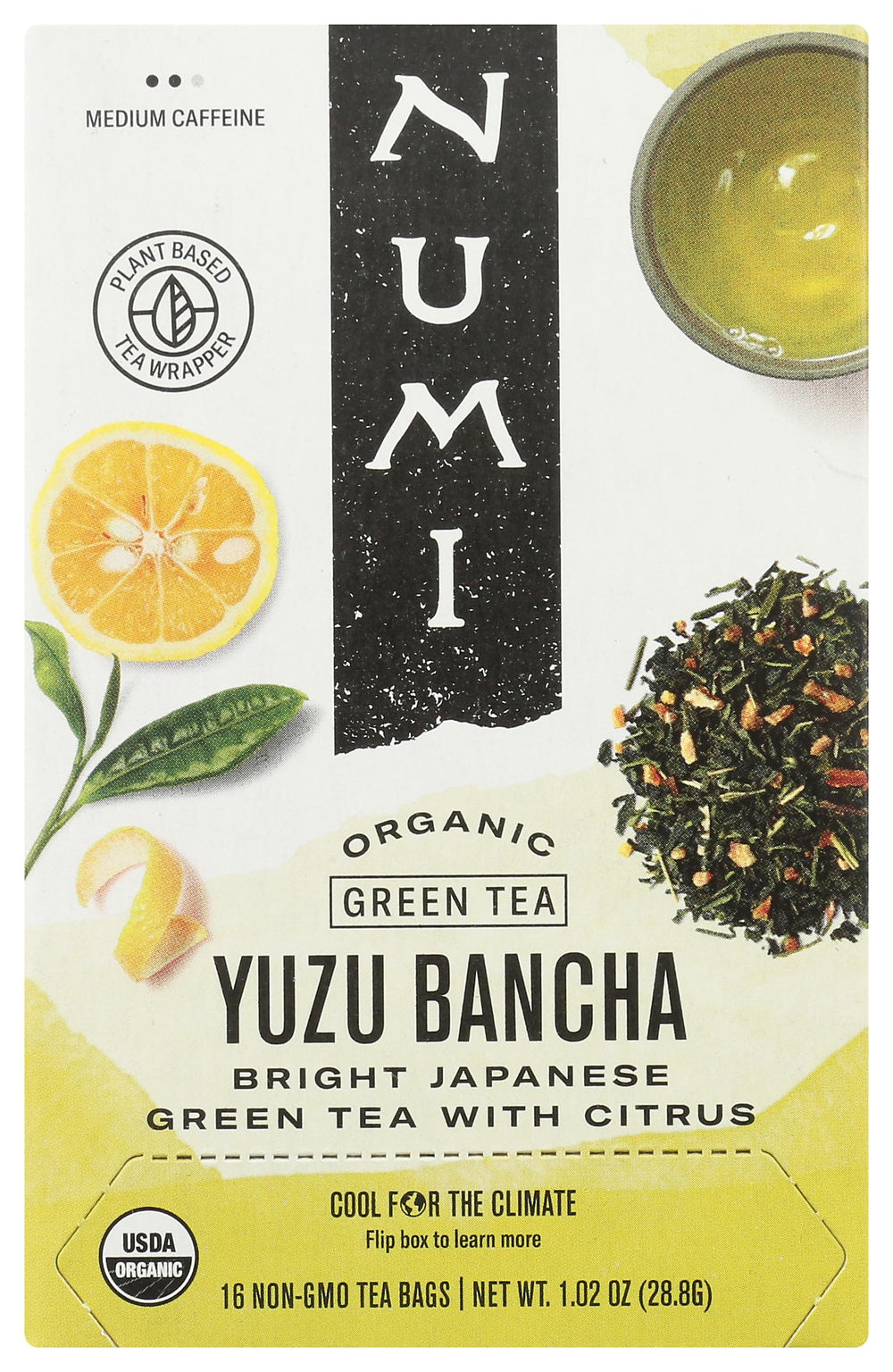 Numi Organic Yuzu Bancha Tea packaging front highlights organic quality and bright citrus notes.
