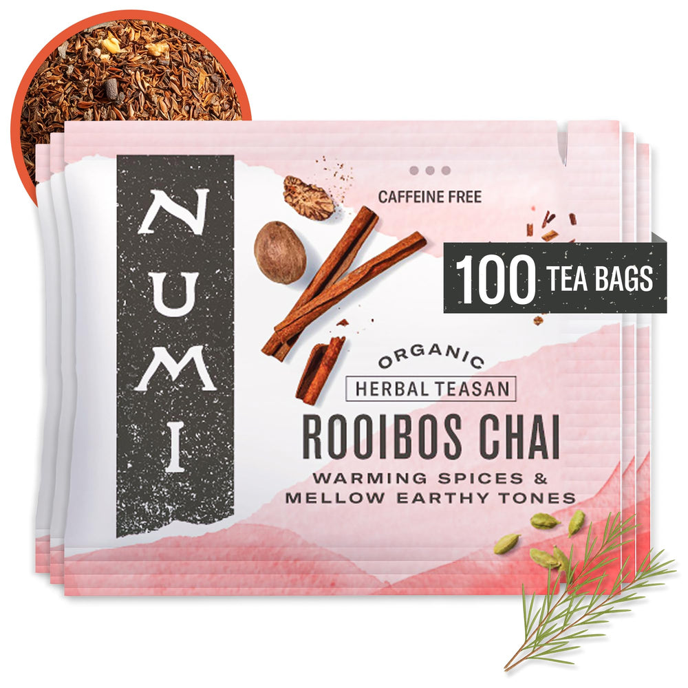 Numi Rooibos Chai tea bags packaging showing fair-trade mindful sourcing for evenings.