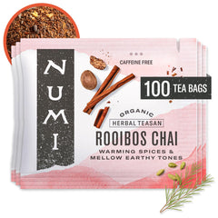 Numi Rooibos Chai tea bags packaging showing fair-trade mindful sourcing for evenings.