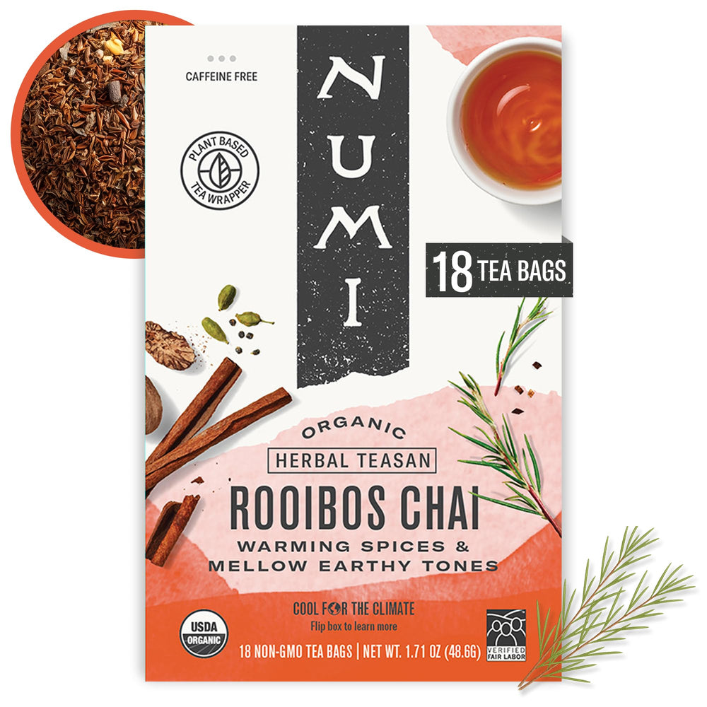 Numi Rooibos Chai tea bags in box, caffeine-free comfort for evenings