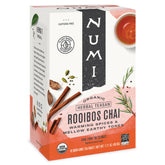 Numi Rooibos Chai packaging front highlights caffeine-free herbal blend for comforting rituals