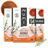 Numi Rooibos tea bags pack shows convenient, microplastic-free bags for clean brewing.
