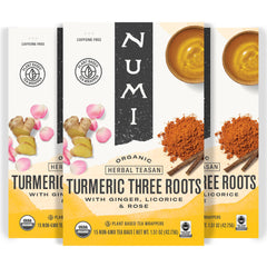 Numi Three Roots Tea box and bags for easy daily rituals with balanced flavor.