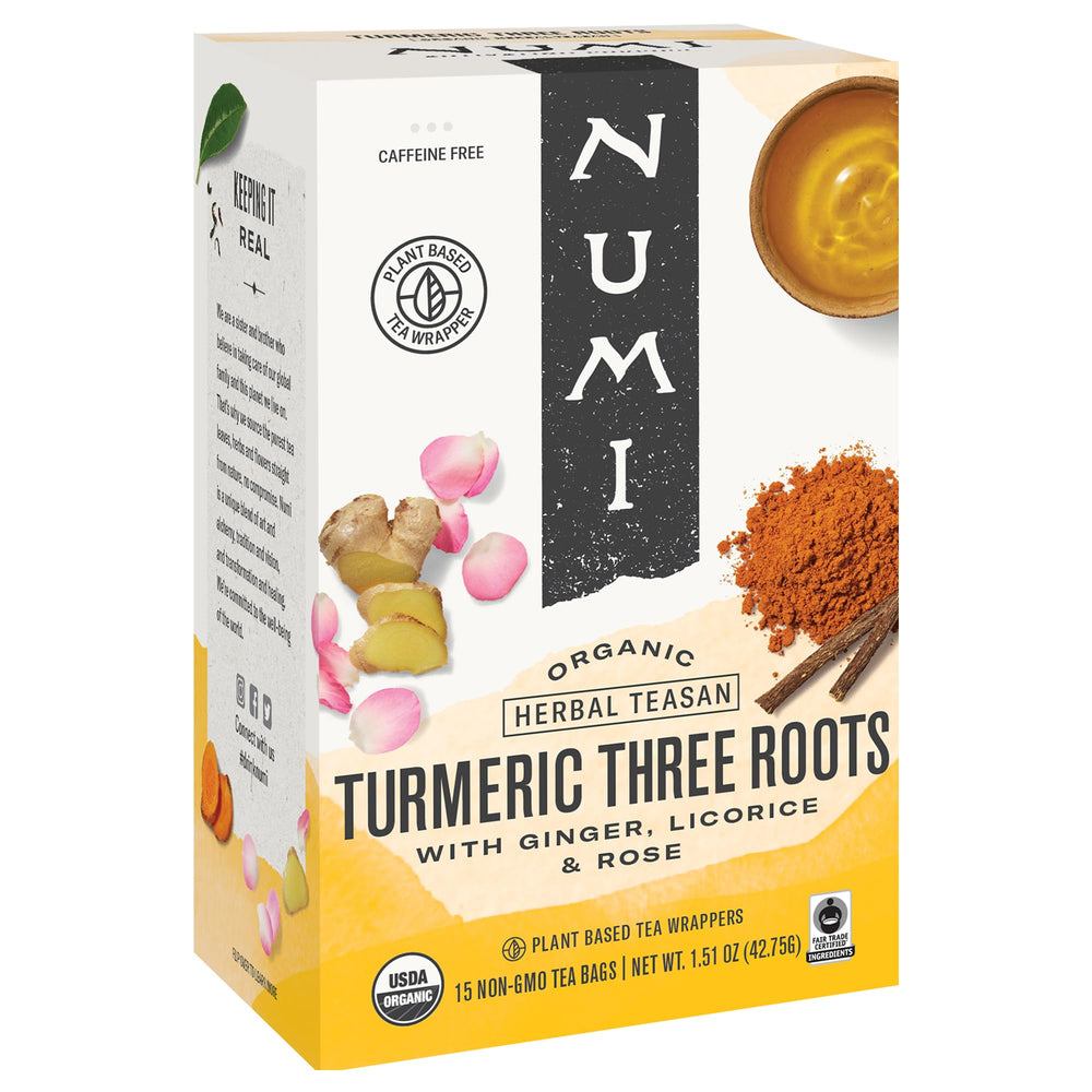 Numi Three Roots Turmeric Tea box shows convenient caffeine-free ritual