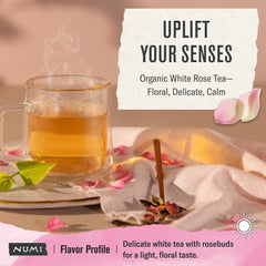 Numi Organic White Tea with rosebuds close-up for sensory detail