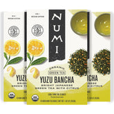 Numi Yuzu Bancha tea bag front showcases brand and crisp citrus flavor for a bright morning