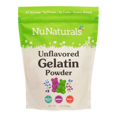 NuNaturals beef gelatin powder label emphasizing purity and simple, additive-free thickening