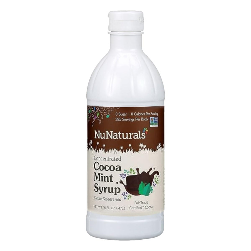 NuNaturals Cocoa Mint Syrup bottle delivers zero-calorie sweetness for desserts.