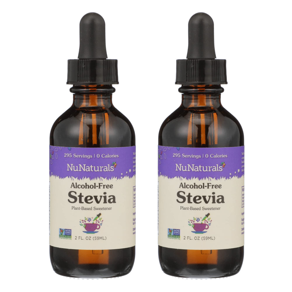 NuNaturals liquid stevia bottle for zero-calorie sweetness in coffee.