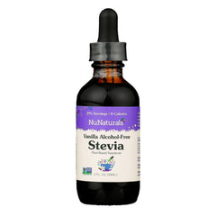 NuNaturals liquid stevia vanilla bottle on the counter for zero-calorie sweetness.
