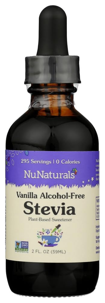 NuNaturals liquid stevia vanilla bottle with dropper showing zero calories for drinks