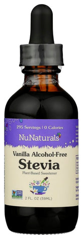 NuNaturals liquid stevia vanilla bottle with dropper showing zero calories for drinks
