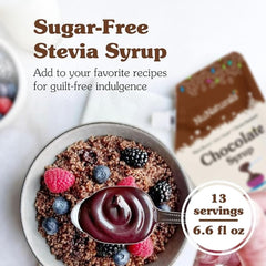 Chocolate drizzle from NuNaturals Stevia Syrup over dessert highlights sugar-free flavor