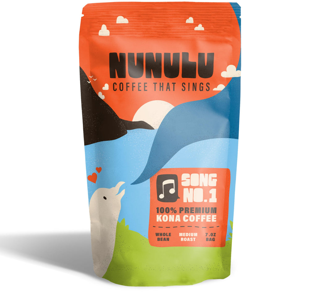 Nunulu Coffee That Sings Kona whole bean 7oz pack showing authentic Kona selection and packaging.