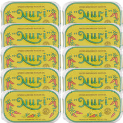Nuri Portuguese sardines in spiced olive oil pack front, premium gifting presentation