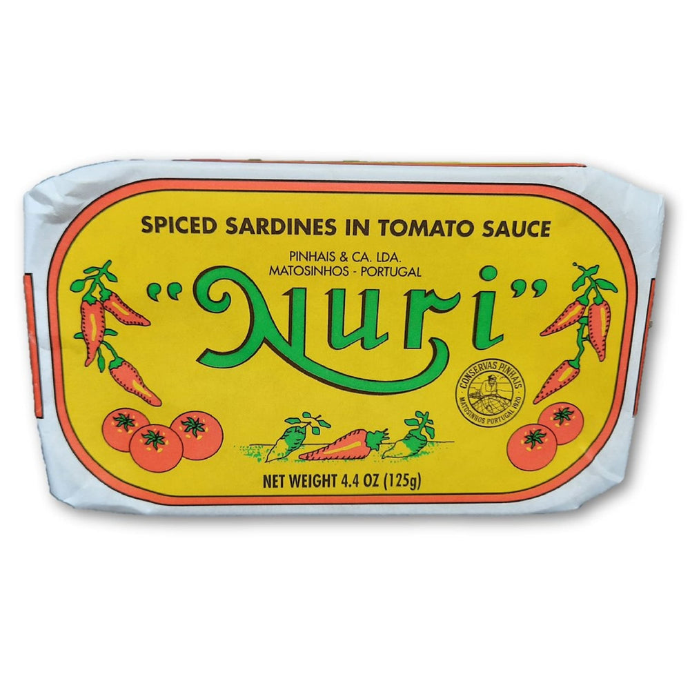 NURI Portuguese sardines in spiced tomato sauce with olive oil, four-pack pantry staple.