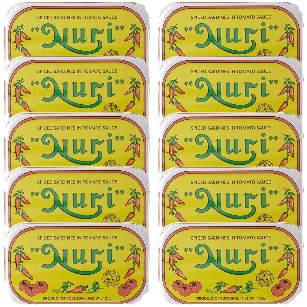 Nuri sardines in spiced tomato sauce on can front, ideal pantry staple for quick meals.