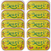 Nuri sardines in spiced tomato sauce on can front, ideal pantry staple for quick meals.