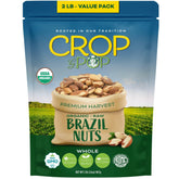 Nut Cravings CROP BY POP package front shows organic Brazil nuts, nutrient-dense.