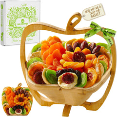 Nut Cravings dried fruit bouquet on wooden apple tray, a colorful healthy gift idea.
