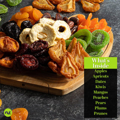 Nut Cravings colorful dried fruit bouquet on a wooden tray centerpiece.