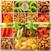 Nut Cravings Easter gift basket on wooden tray with mixed dried fruits and nuts for sharing