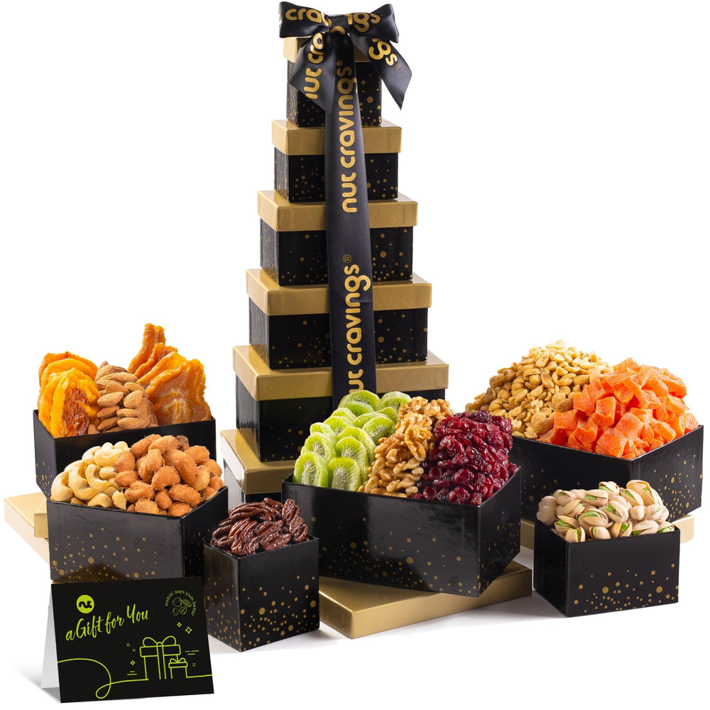 Nut Cravings Easter gift basket in black tower with twelve treats for sharing.