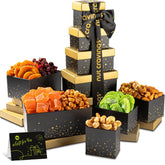 Nut Cravings Easter gift tower with black box, premium nuts for festive gifting.
