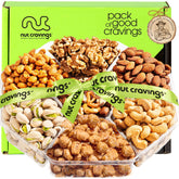 Nut Cravings Easter mixed nuts gift basket with green ribbon for sharing and gifting