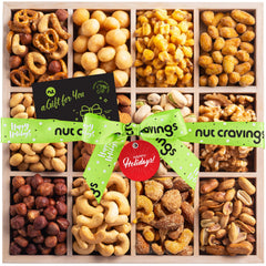 Nut Cravings Gourmet Collection wooden tray featuring twelve nuts for gifting.
