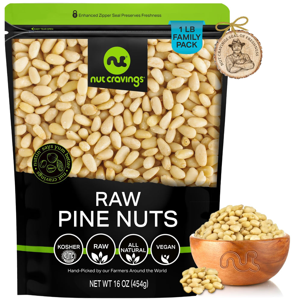 Nut Cravings raw pine nuts pignolias in bag closeup for fresh flavor and versatility.