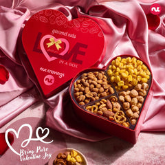 Nut Cravings red-heart-tray presentation adds festive appeal to gift-giving.