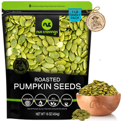 Nut Cravings roasted unsalted pumpkin seeds in a resealable 16oz bag for freshness.