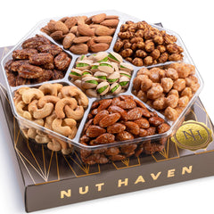 Nut Haven Holiday Nuts Gift Basket front view, ideal for gifting during holidays.