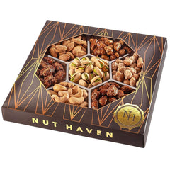 Nut Haven Holiday Nuts Gift Basket packaging, ready to present as a refined gift.