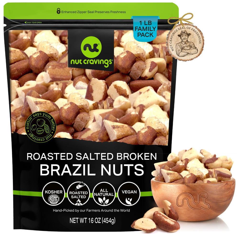 Nut Cravings roasted Brazil nuts no shell in 16oz bag, ideal for on-the-go snacking.