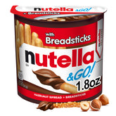Nutella GO snack cup showing hazelnut cocoa cream with breadsticks for quick indulgence