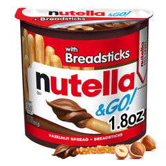 Nutella GO snack cup showing hazelnut cocoa cream with breadsticks for quick indulgence