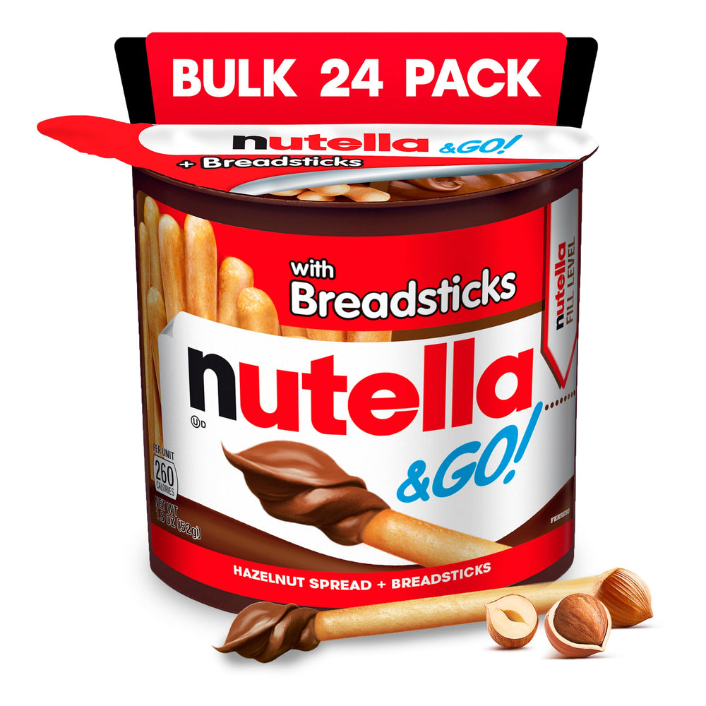 Nutella GO! chocolate hazelnut spread with breadsticks in a handy cup for on-the-go snacking.