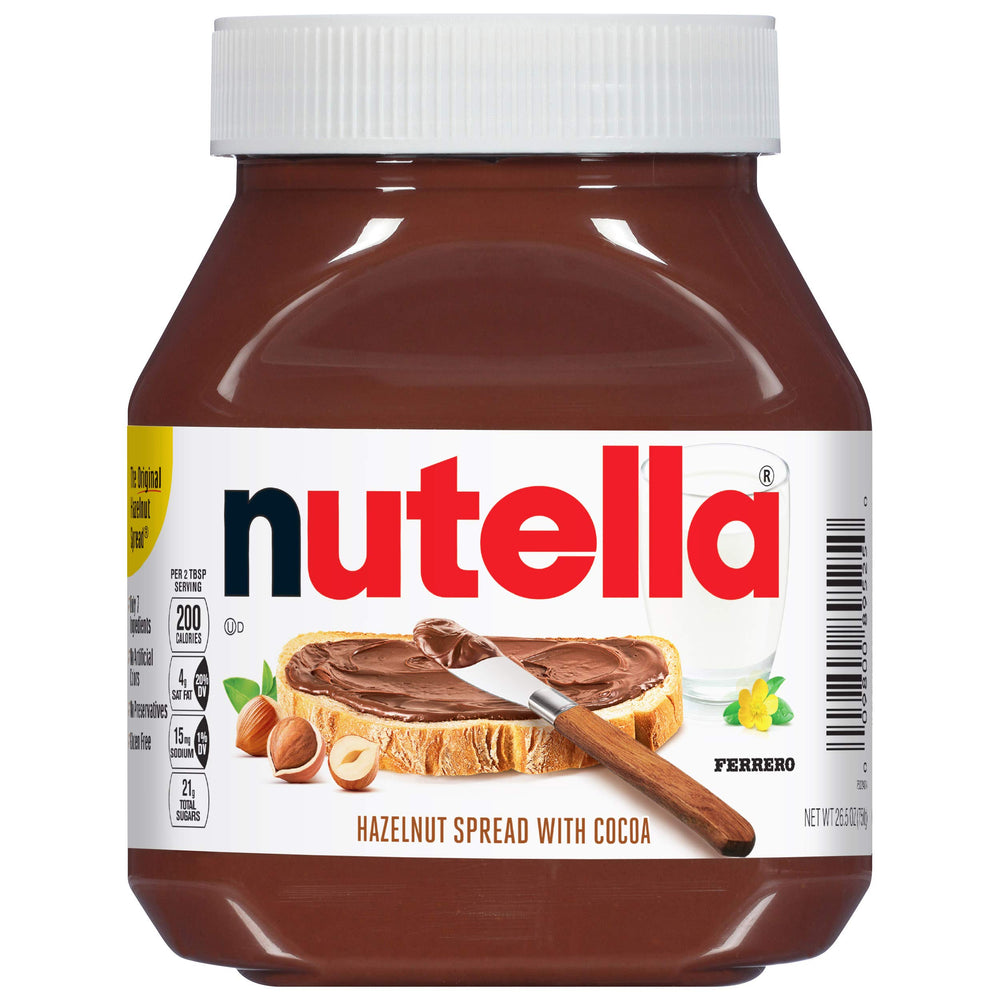 Nutella hazelnut spread cocoa jar close-up highlights creamy texture for breakfast treats.