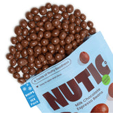 Nutic gourmet milk chocolate covered espresso beans in a resealable bag for freshness.