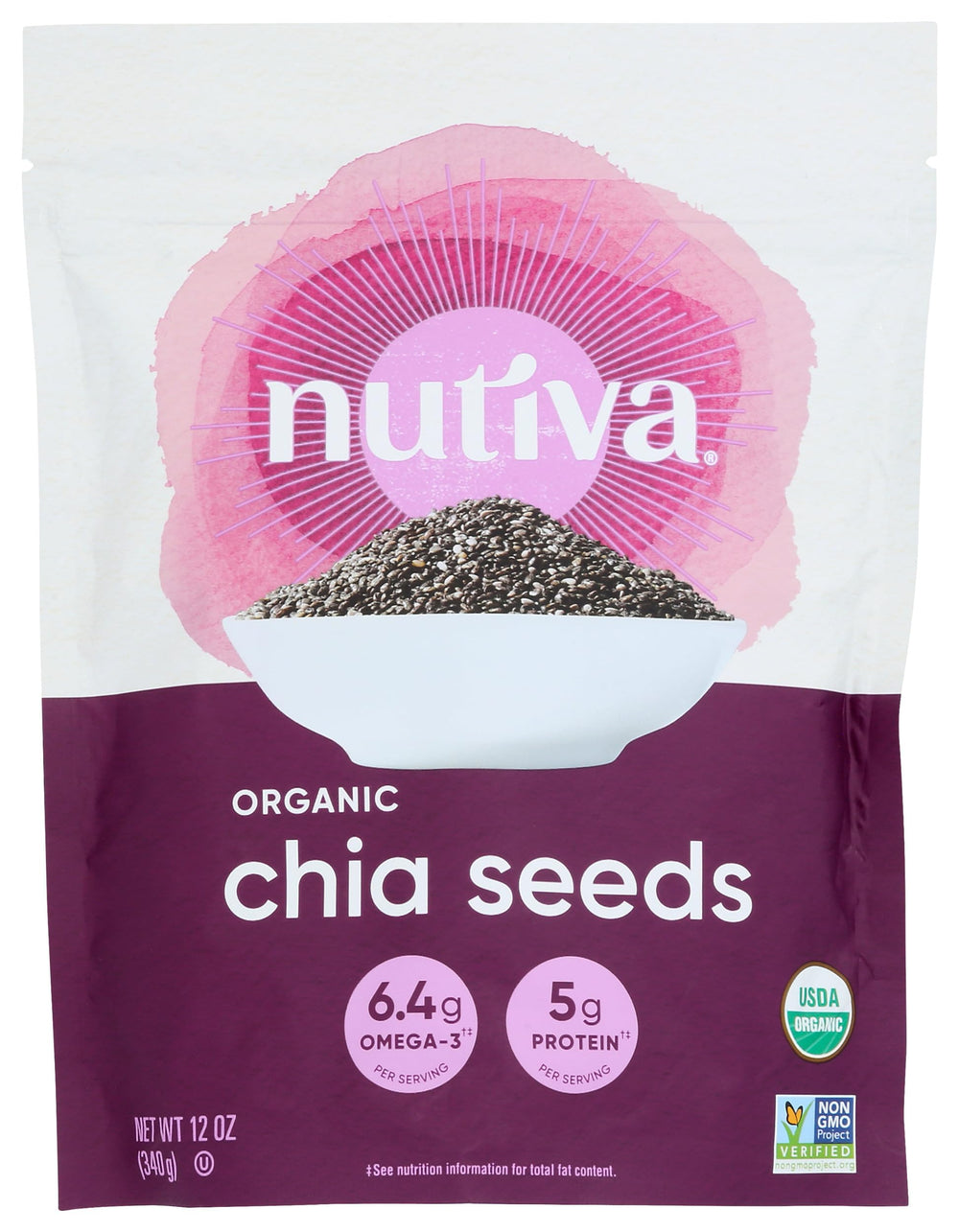 Nutiva black chia seeds being poured from a bottle for easy use.