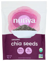 Nutiva black chia seeds being poured from a bottle for easy use.