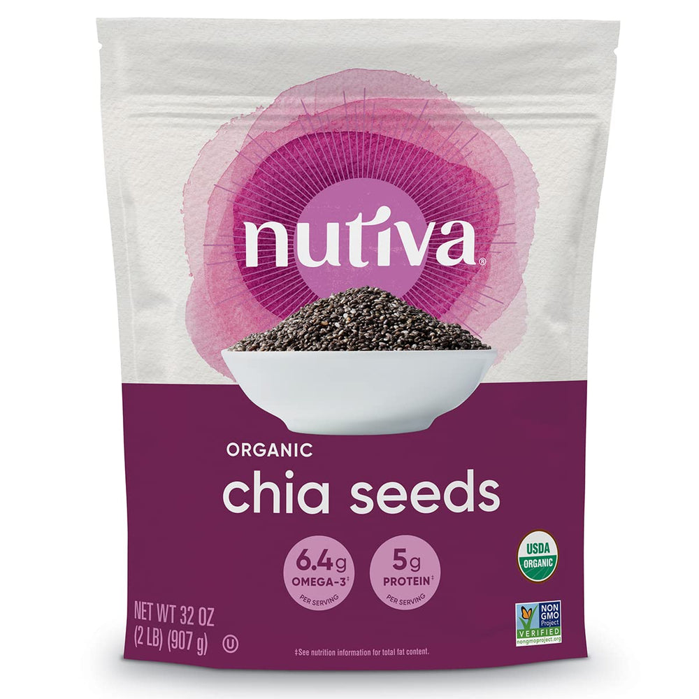 Nutiva chia seeds bundle close-up shows premium organic quality and protein potential.
