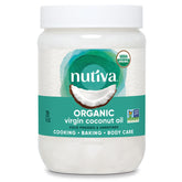 Nutiva coconut oil bottle pour showing versatile cooking and skin benefits.