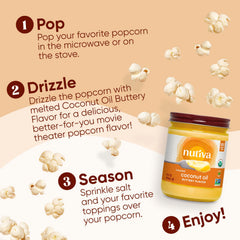 Nutiva coconut oil with butter flavor ingredients display; sustainably sourced coconuts.