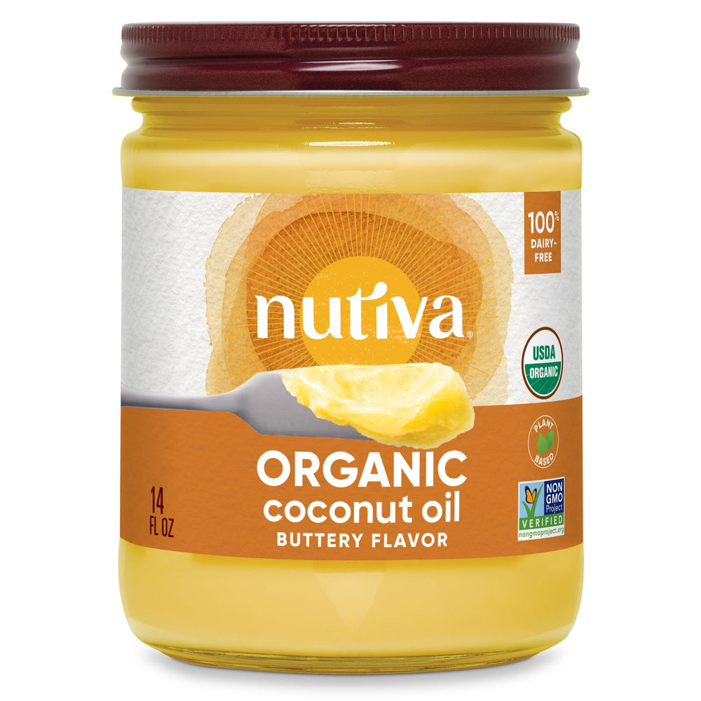 Nutiva coconut oil with butter flavor jar front; versatile for baking.